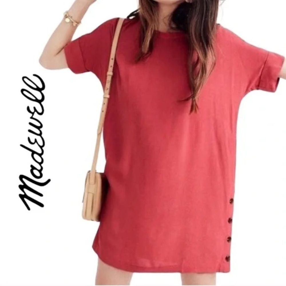 Madewell Tunic Dress Womens Medium Warm Berry Journal Side Button Cuffed Sleeve